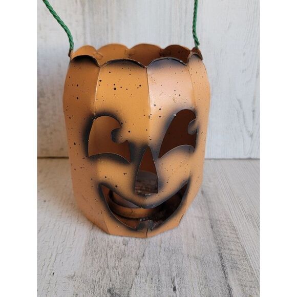Tin tea light holder AS IS speckled Jack O'Lantern Halloween - Picture 2 of 10